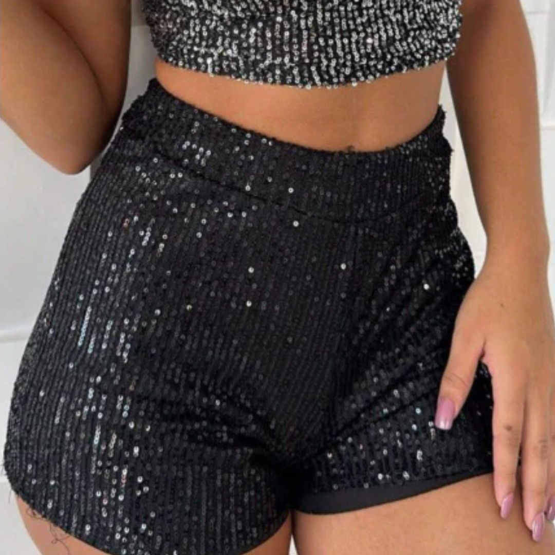 Short Feminino Paetê Brilho Curto Cintura