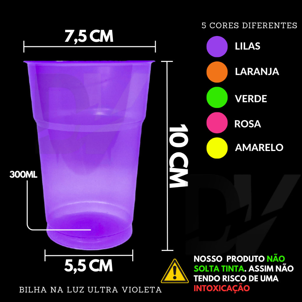100 Unidades de Copo Neon Brilha na Luz UltraVioleta 300ml Festa