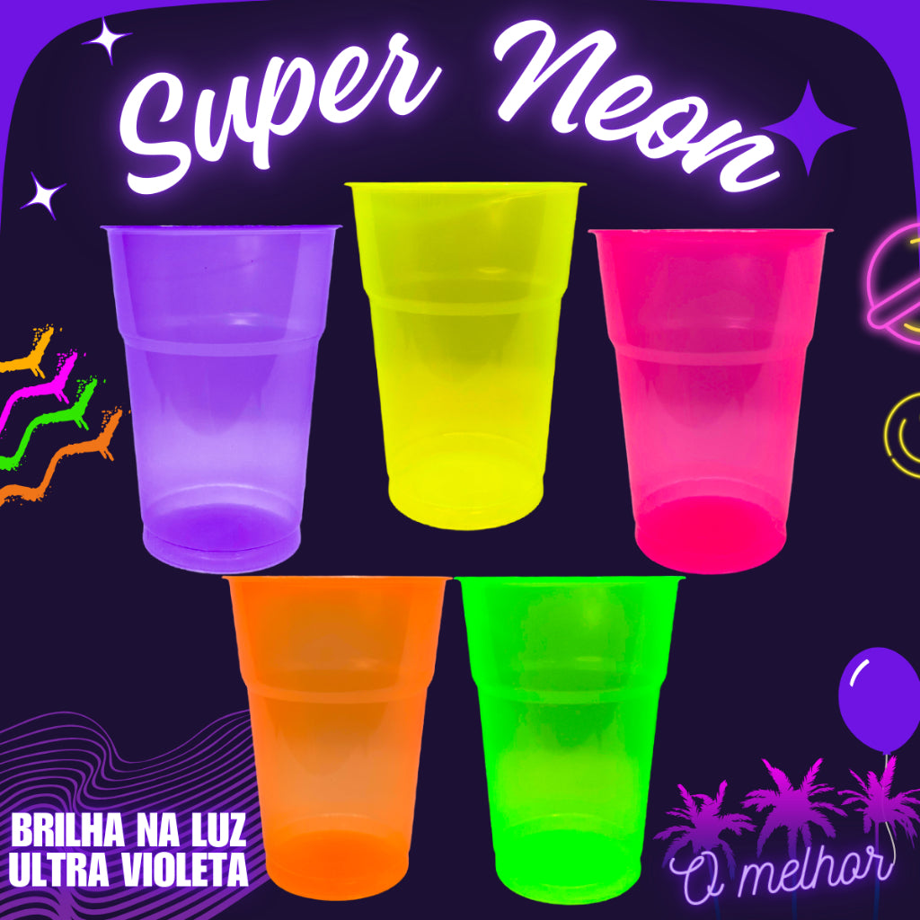 100 Unidades de Copo Neon Brilha na Luz UltraVioleta 300ml Festa