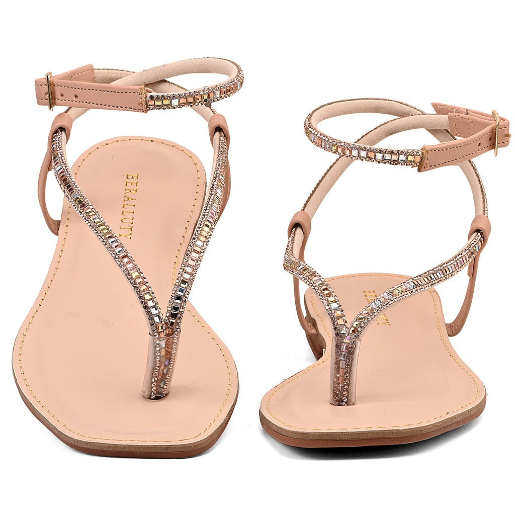 Sandália Feminina Rasteira Confortável Com Brilho De Strass