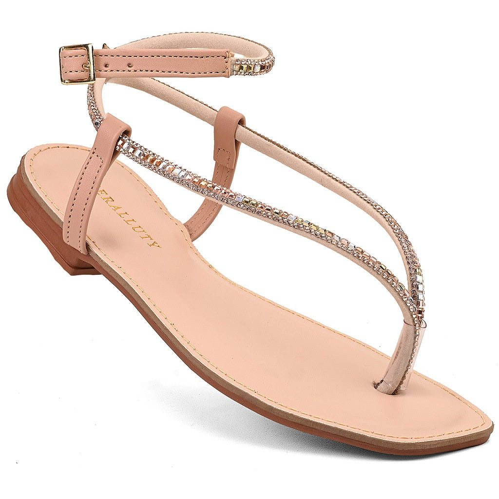 Sandália Feminina Rasteira Confortável Com Brilho De Strass