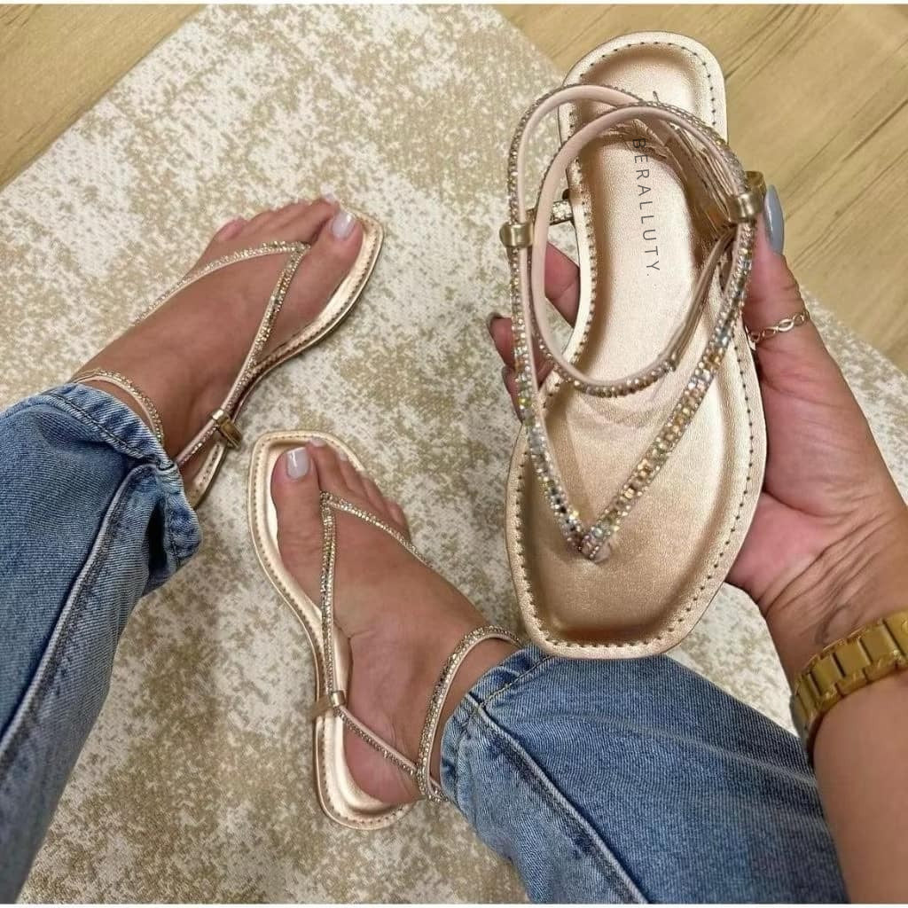 Sandália Feminina Rasteira Confortável Com Brilho De Strass