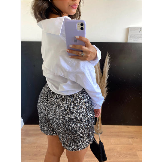 Short Feminino Paetê Brilho Curto Cintura