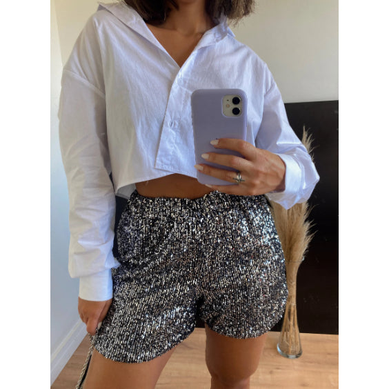 Short Feminino Paetê Brilho Curto Cintura